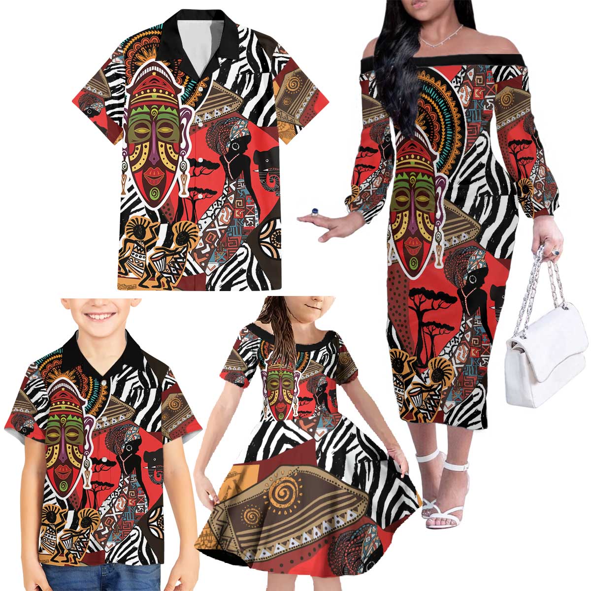 Beautiful African Women Ethnic Motifs Family Matching Off The Shoulder Long Sleeve Dress and Hawaiian Shirt - Wonder Print Shop
