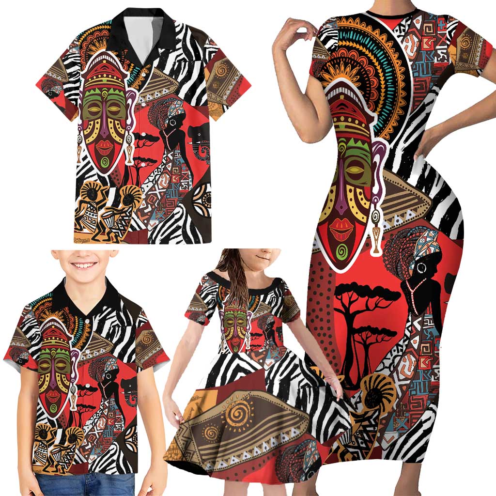 Beautiful African Women Ethnic Motifs Family Matching Short Sleeve Bodycon Dress and Hawaiian Shirt - Wonder Print Shop