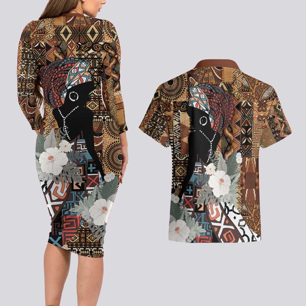 Beautiful Black Woman Couples Matching Long Sleeve Bodycon Dress and Hawaiian Shirt African Tribal Pattern LT9 - Wonder Print Shop