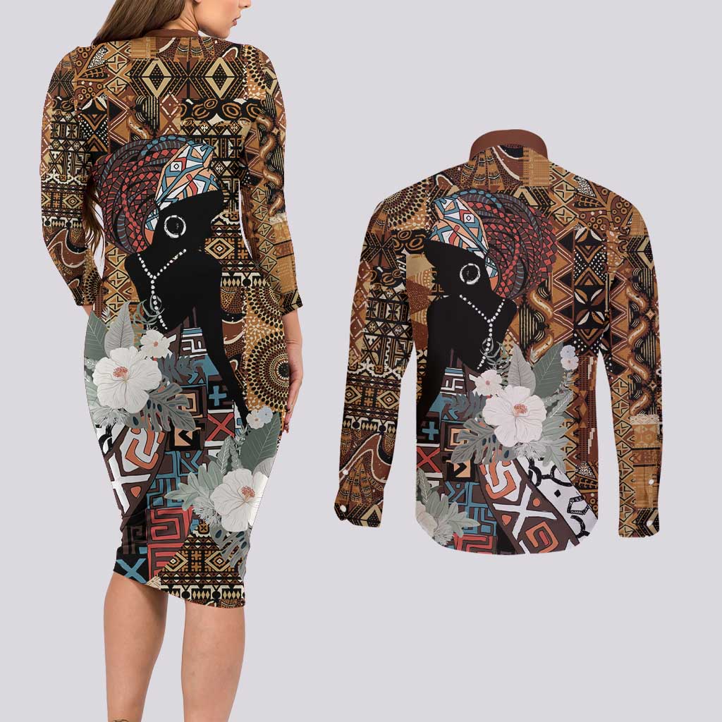 Beautiful Black Woman Couples Matching Long Sleeve Bodycon Dress and Long Sleeve Button Shirt African Tribal Pattern LT9 - Wonder Print Shop