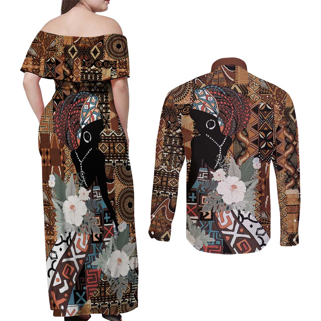 Beautiful Black Woman Couples Matching Off Shoulder Maxi Dress and Long Sleeve Button Shirt African Tribal Pattern LT9 - Wonder Print Shop