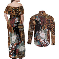 Beautiful Black Woman Couples Matching Off Shoulder Maxi Dress and Long Sleeve Button Shirt African Tribal Pattern LT9 - Wonder Print Shop