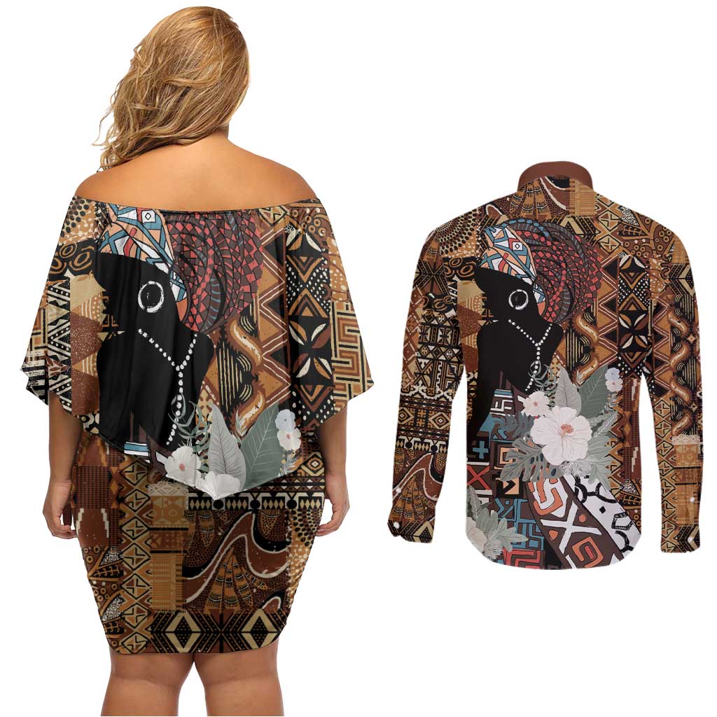 Beautiful Black Woman Couples Matching Off Shoulder Short Dress and Long Sleeve Button Shirt African Tribal Pattern LT9 - Wonder Print Shop