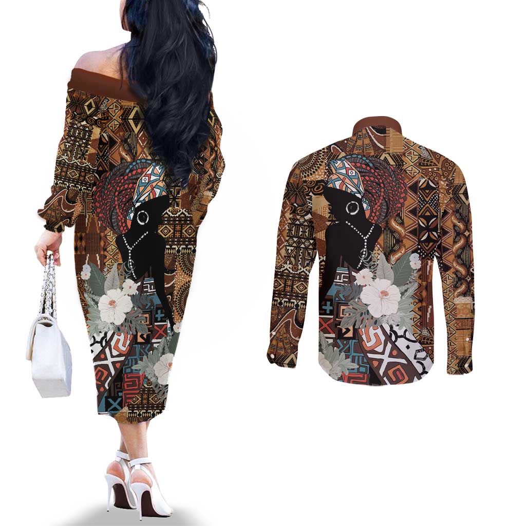 Beautiful Black Woman Couples Matching Off The Shoulder Long Sleeve Dress and Long Sleeve Button Shirt African Tribal Pattern