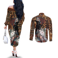 Beautiful Black Woman Couples Matching Off The Shoulder Long Sleeve Dress and Long Sleeve Button Shirt African Tribal Pattern