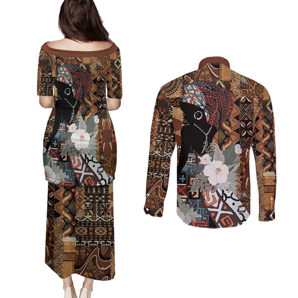 Beautiful Black Woman Couples Matching Puletasi and Long Sleeve Button Shirt African Tribal Pattern LT9 - Wonder Print Shop