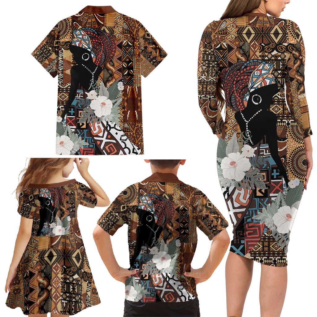 Beautiful Black Woman Family Matching Long Sleeve Bodycon Dress and Hawaiian Shirt African Tribal Pattern LT9 - Wonder Print Shop