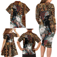 Beautiful Black Woman Family Matching Long Sleeve Bodycon Dress and Hawaiian Shirt African Tribal Pattern LT9 - Wonder Print Shop