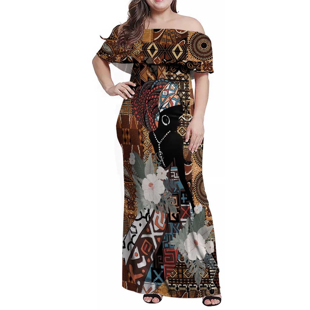 Beautiful Black Woman Family Matching Off Shoulder Maxi Dress and Hawaiian Shirt African Tribal Pattern LT9 - Wonder Print Shop