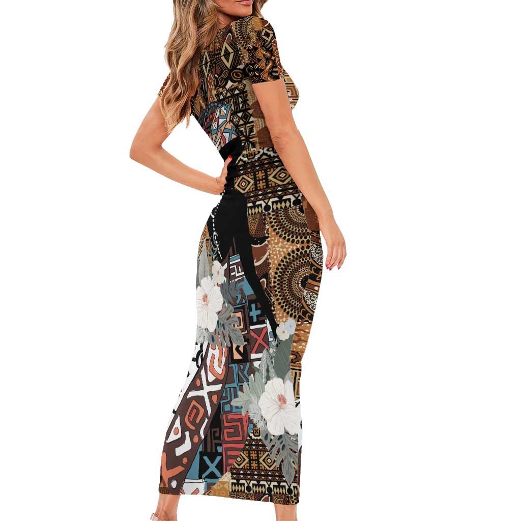 Beautiful Black Woman Family Matching Short Sleeve Bodycon Dress and Hawaiian Shirt African Tribal Pattern - Wonder Print Shop