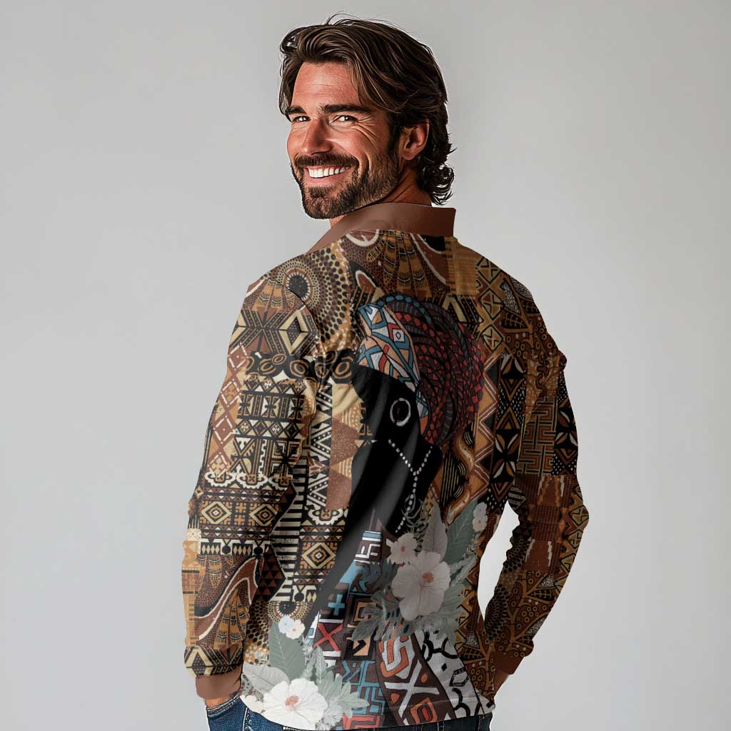 Beautiful Black Woman Long Sleeve Polo Shirt African Tribal Pattern - Wonder Print Shop