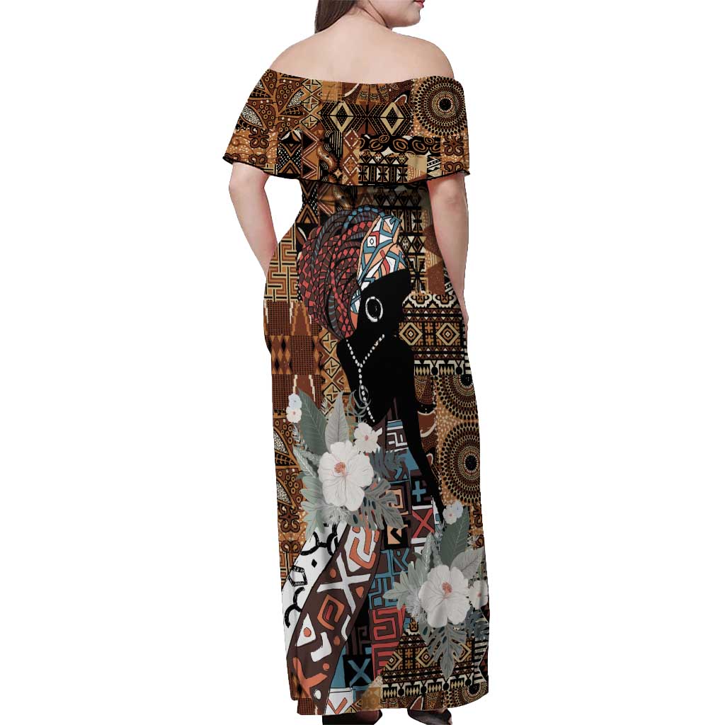 Beautiful Black Woman Off Shoulder Maxi Dress African Tribal Pattern - Wonder Print Shop