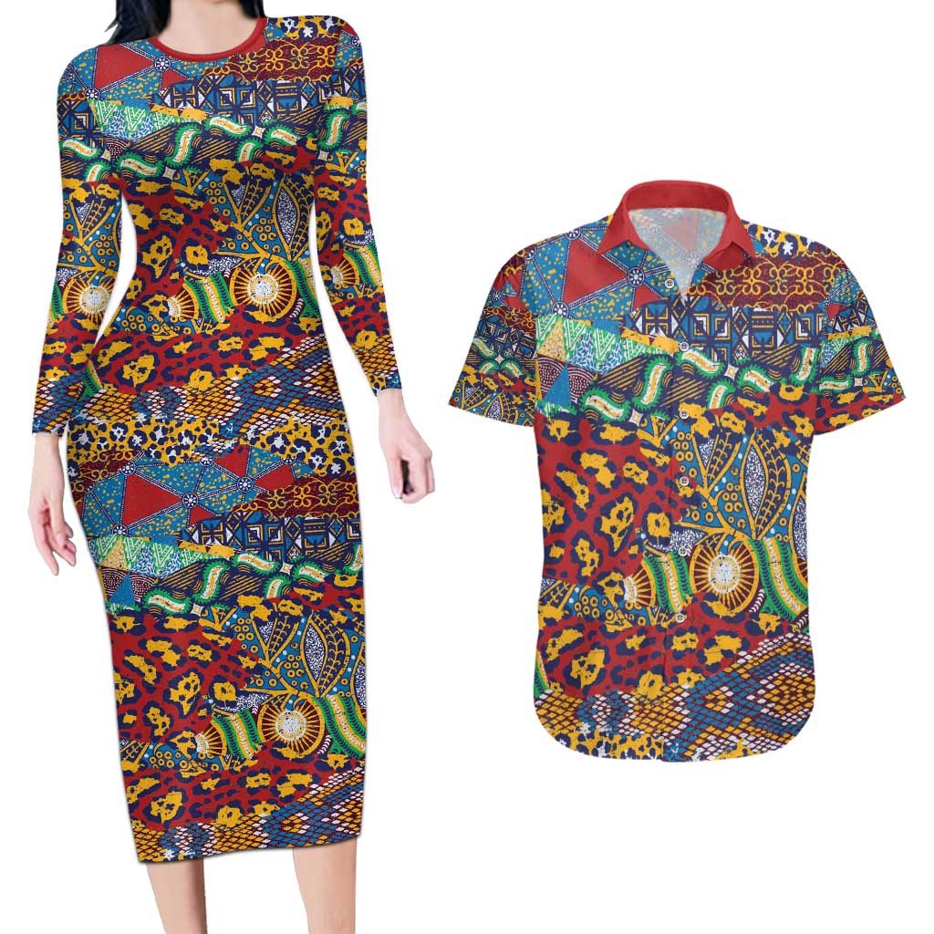 Traditional African Animal Skins Pattern Couples Matching Long Sleeve Bodycon Dress and Hawaiian Shirt LT9 - Wonder Print Shop