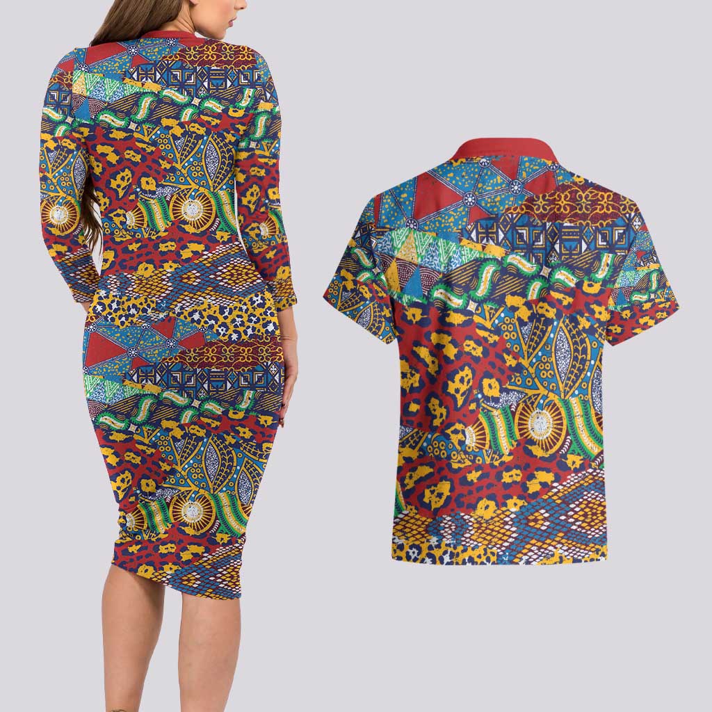 Traditional African Animal Skins Pattern Couples Matching Long Sleeve Bodycon Dress and Hawaiian Shirt LT9 - Wonder Print Shop