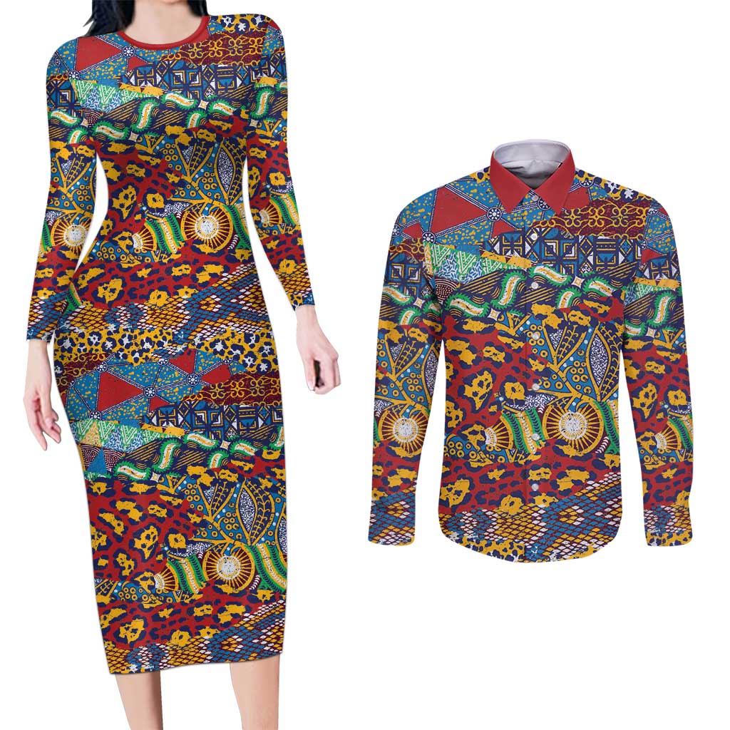 Traditional African Animal Skins Pattern Couples Matching Long Sleeve Bodycon Dress and Long Sleeve Button Shirt LT9 - Wonder Print Shop