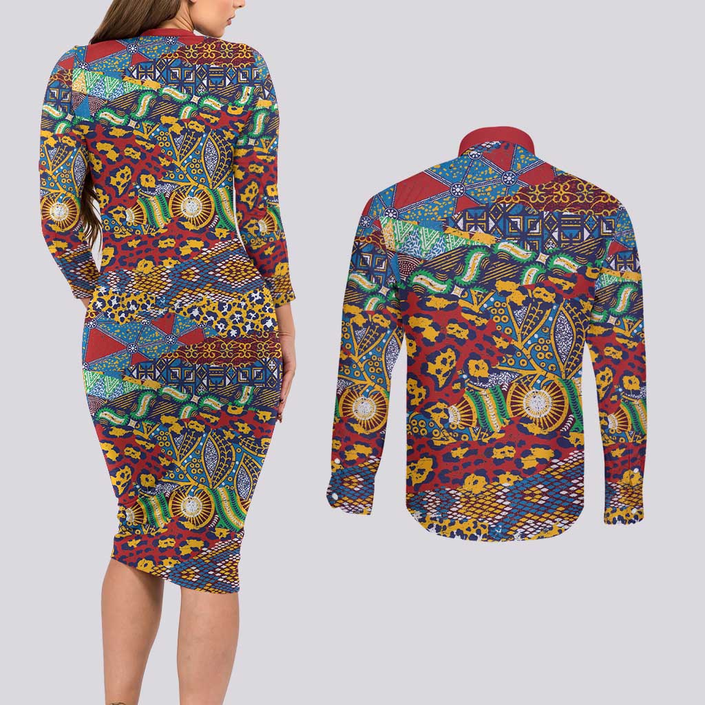 Traditional African Animal Skins Pattern Couples Matching Long Sleeve Bodycon Dress and Long Sleeve Button Shirt LT9 - Wonder Print Shop