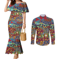 Traditional African Animal Skins Pattern Couples Matching Mermaid Dress and Long Sleeve Button Shirt
