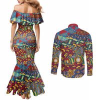 Traditional African Animal Skins Pattern Couples Matching Mermaid Dress and Long Sleeve Button Shirt
