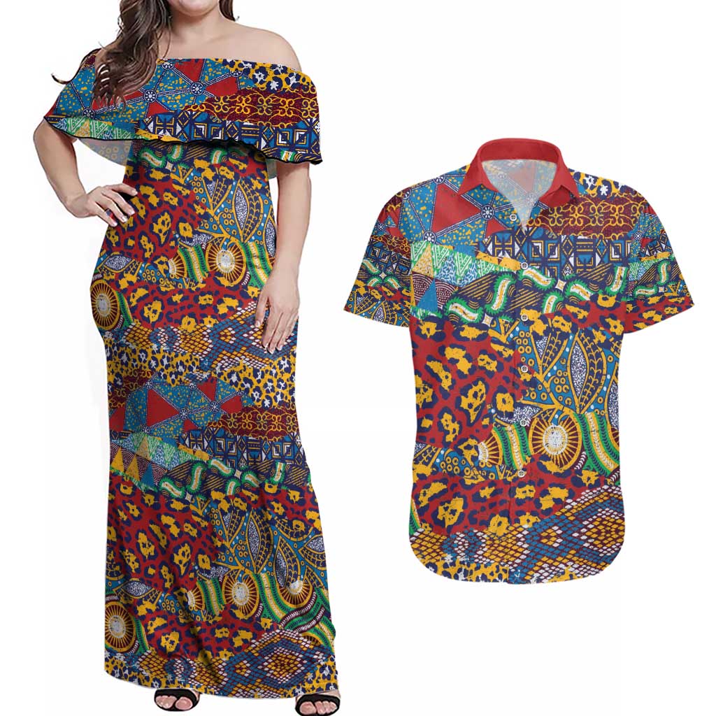 Traditional African Animal Skins Pattern Couples Matching Off Shoulder Maxi Dress and Hawaiian Shirt LT9 - Wonder Print Shop