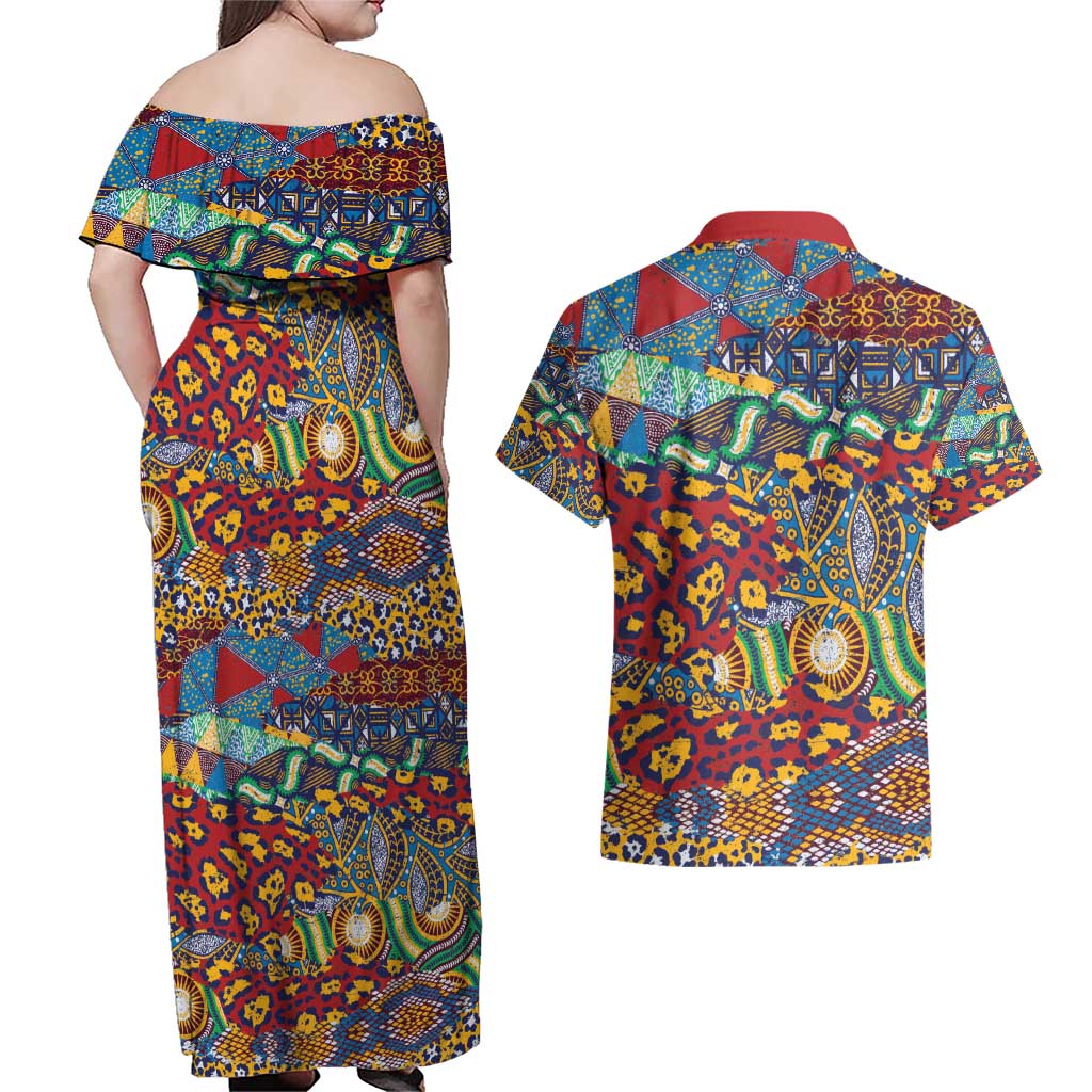 Traditional African Animal Skins Pattern Couples Matching Off Shoulder Maxi Dress and Hawaiian Shirt LT9 - Wonder Print Shop