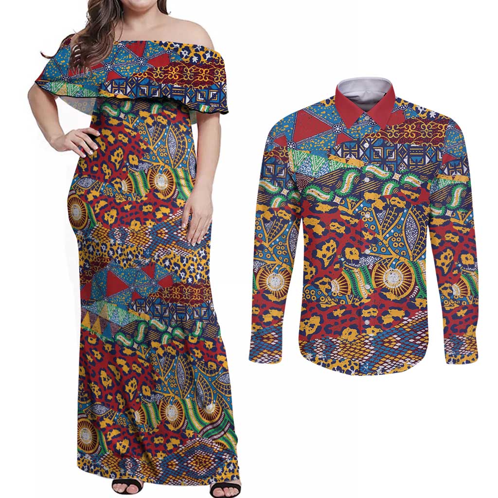 Traditional African Animal Skins Pattern Couples Matching Off Shoulder Maxi Dress and Long Sleeve Button Shirt LT9 - Wonder Print Shop