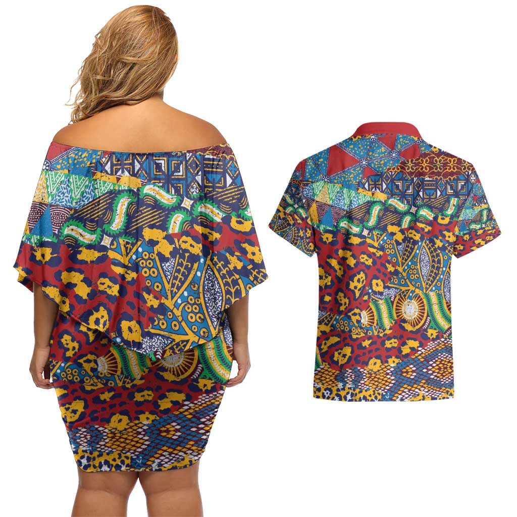 Traditional African Animal Skins Pattern Couples Matching Off Shoulder Short Dress and Hawaiian Shirt LT9 - Wonder Print Shop