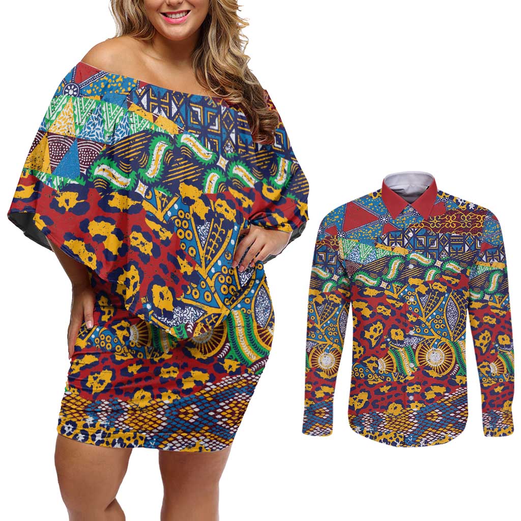 Traditional African Animal Skins Pattern Couples Matching Off Shoulder Short Dress and Long Sleeve Button Shirt LT9 - Wonder Print Shop