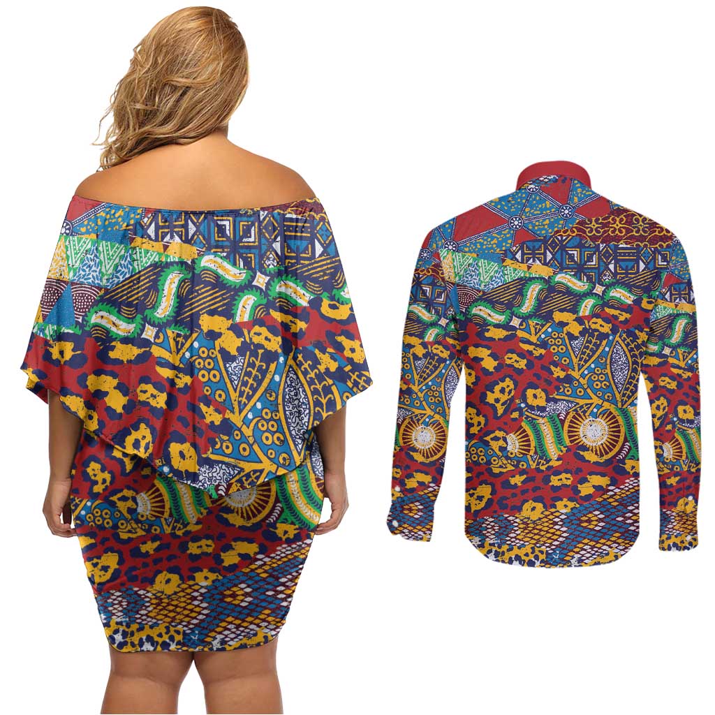 Traditional African Animal Skins Pattern Couples Matching Off Shoulder Short Dress and Long Sleeve Button Shirt LT9 - Wonder Print Shop