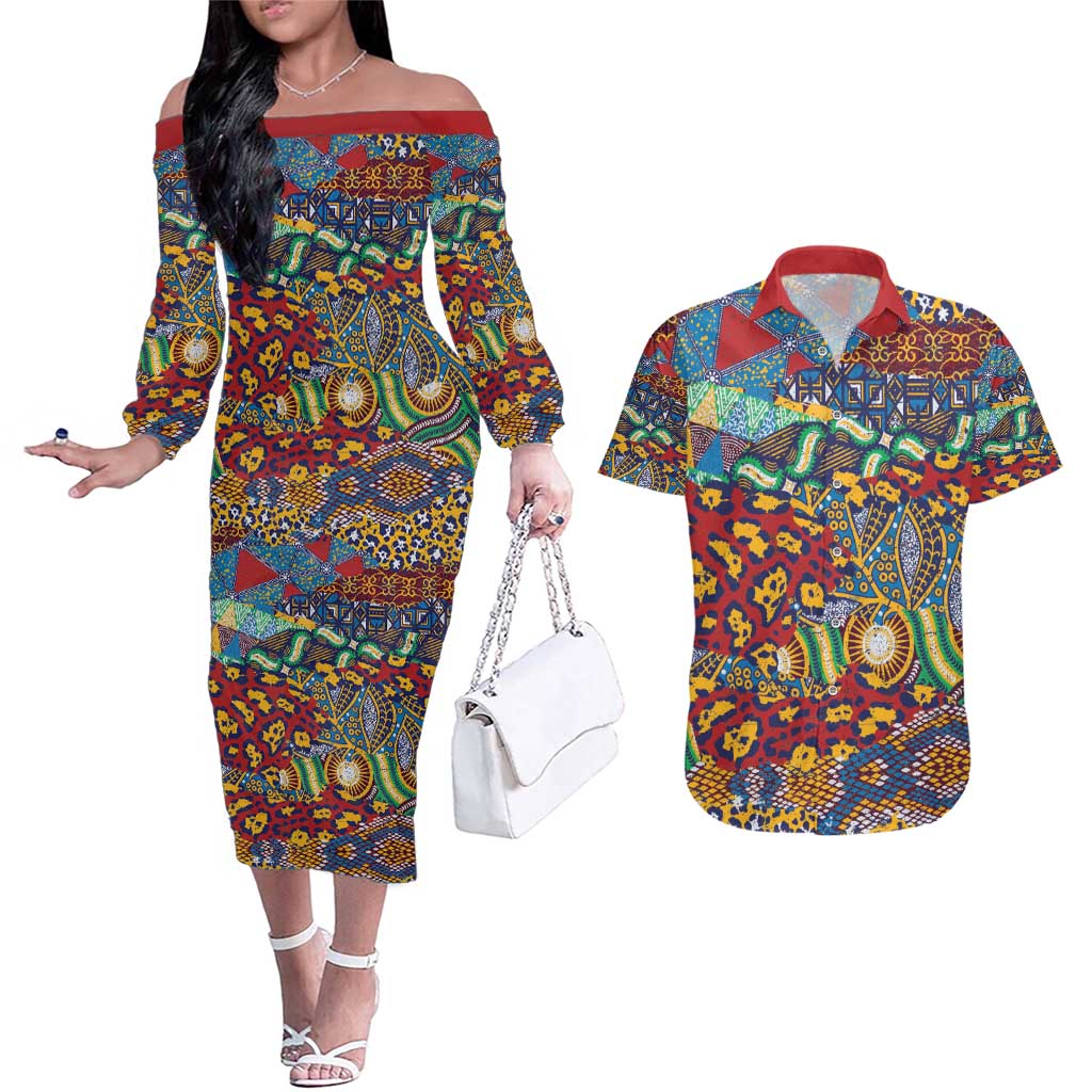Traditional African Animal Skins Pattern Couples Matching Off The Shoulder Long Sleeve Dress and Hawaiian Shirt LT9 - Wonder Print Shop