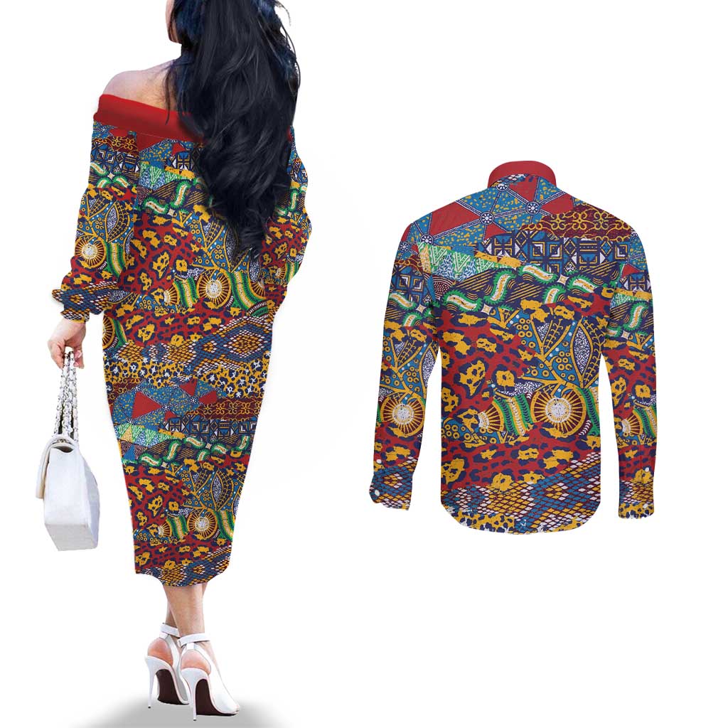 Traditional African Animal Skins Pattern Couples Matching Off The Shoulder Long Sleeve Dress and Long Sleeve Button Shirt