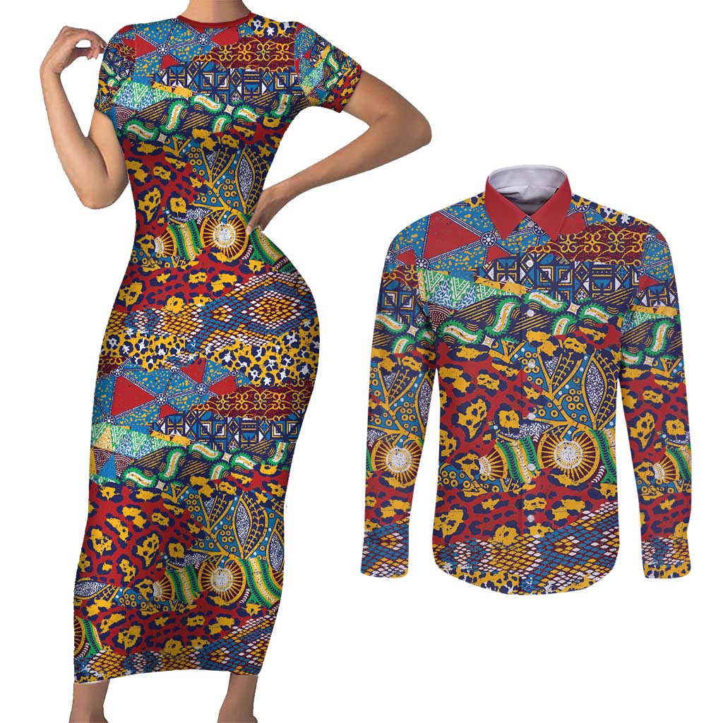 Traditional African Animal Skins Pattern Couples Matching Short Sleeve Bodycon Dress and Long Sleeve Button Shirt LT9 - Wonder Print Shop