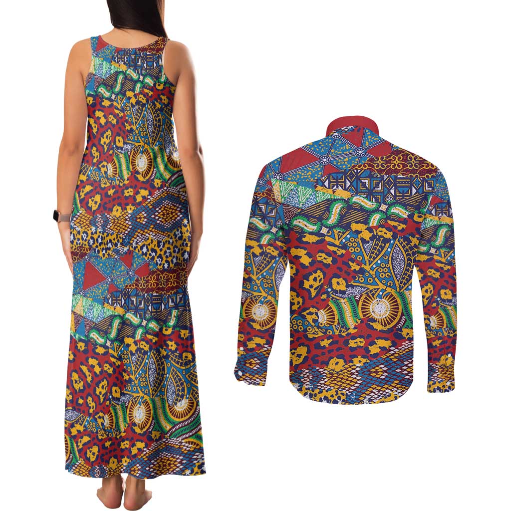 Traditional African Animal Skins Pattern Couples Matching Tank Maxi Dress and Long Sleeve Button Shirt LT9 - Wonder Print Shop