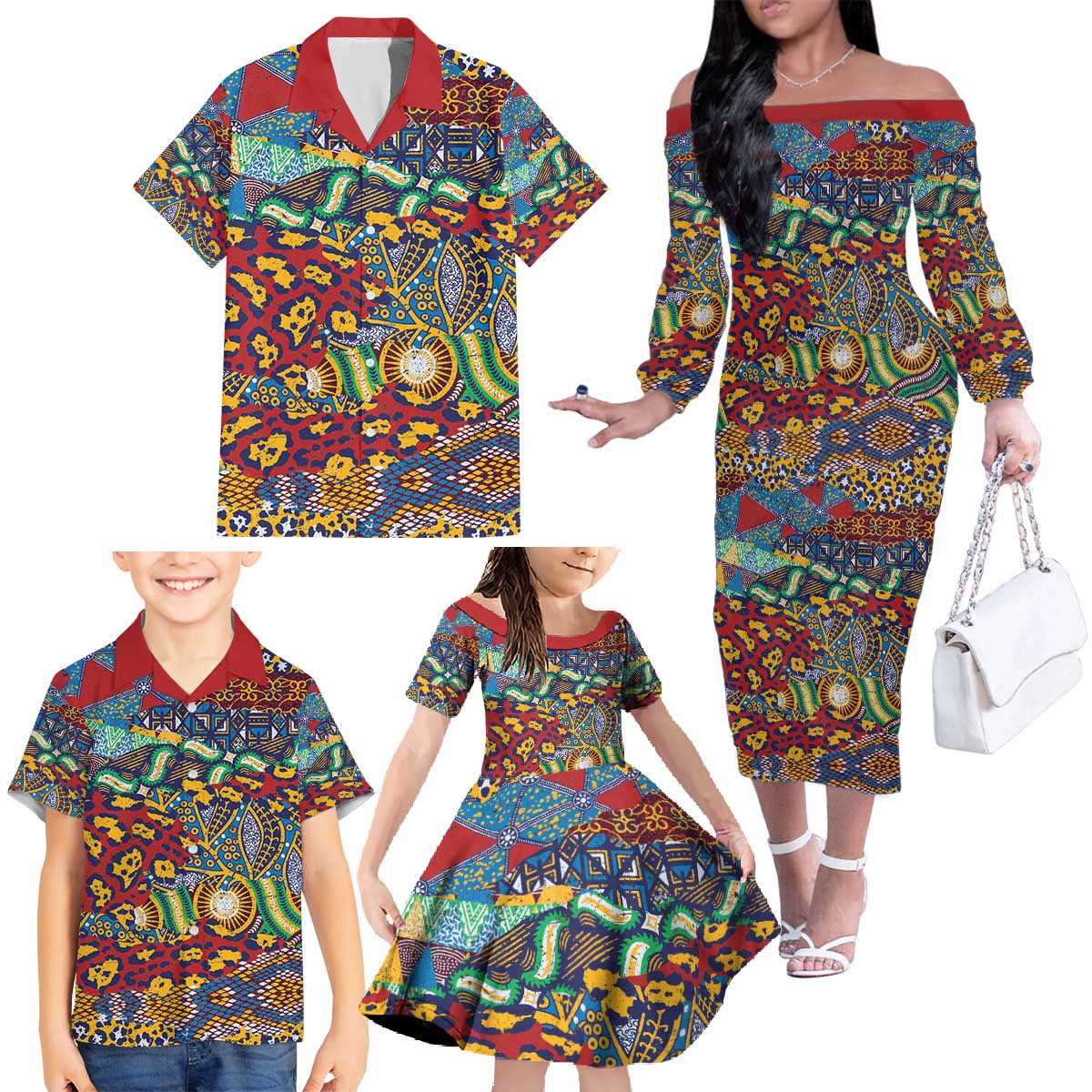 Traditional African Animal Skins Pattern Family Matching Off The Shoulder Long Sleeve Dress and Hawaiian Shirt - Wonder Print Shop