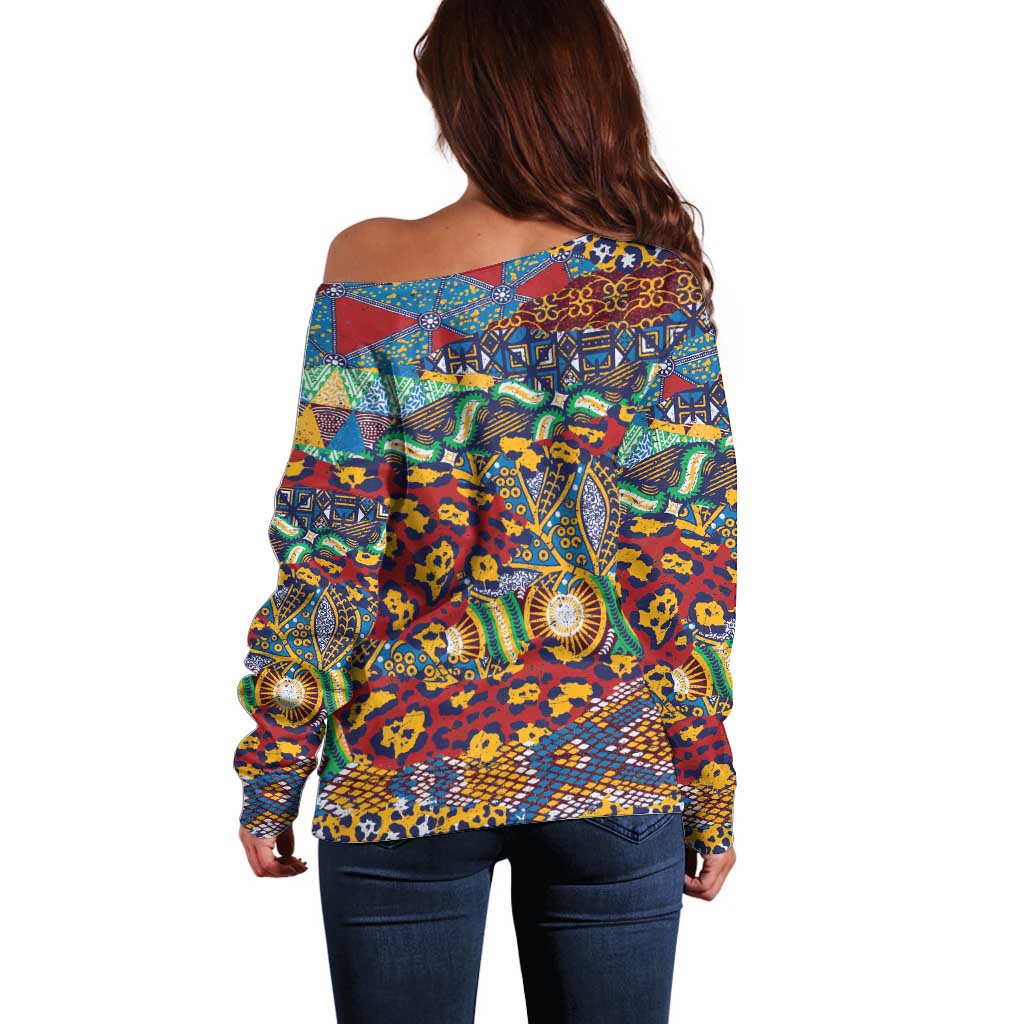 Traditional African Animal Skins Pattern Off Shoulder Sweater - Wonder Print Shop