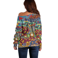Traditional African Animal Skins Pattern Off Shoulder Sweater - Wonder Print Shop