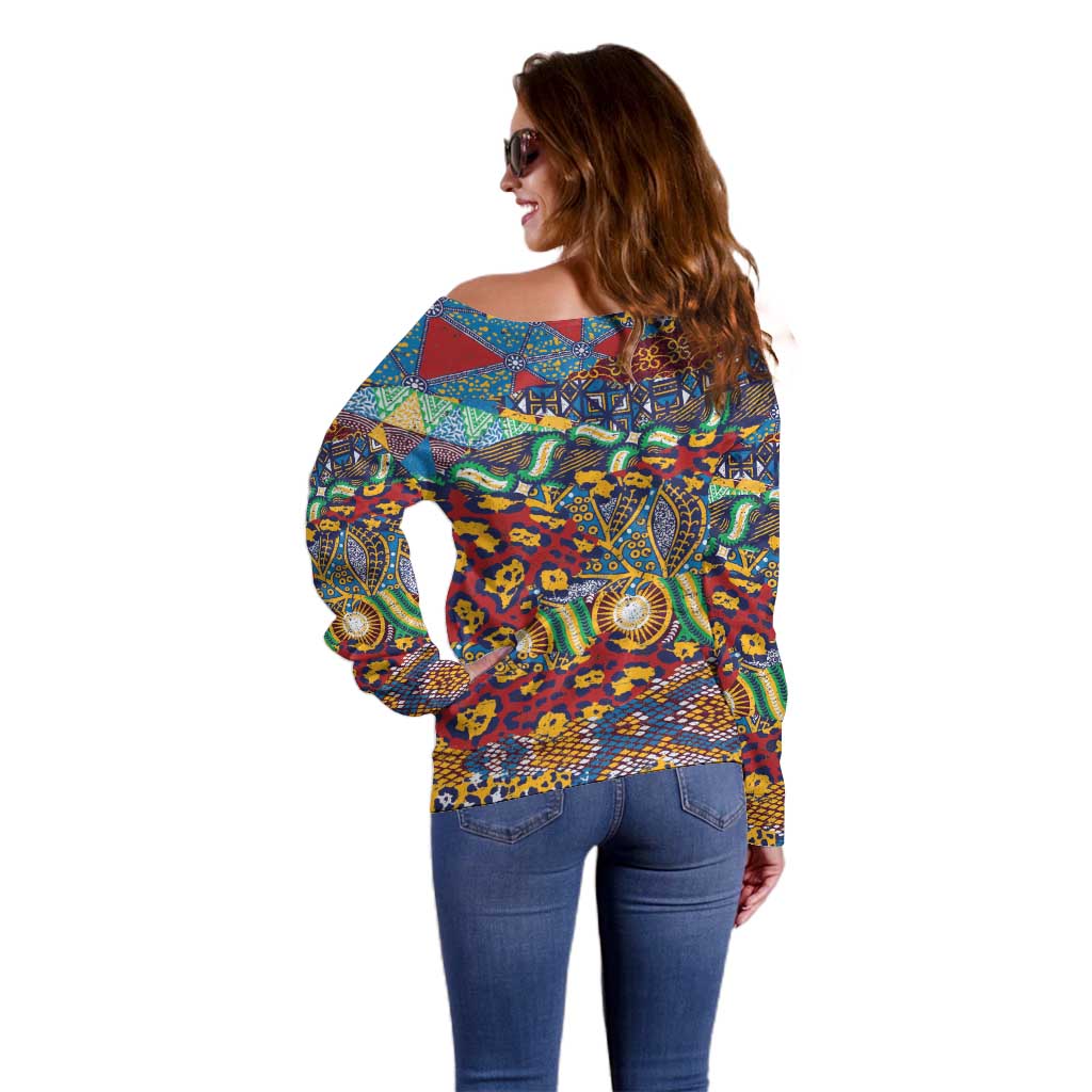 Traditional African Animal Skins Pattern Off Shoulder Sweater - Wonder Print Shop