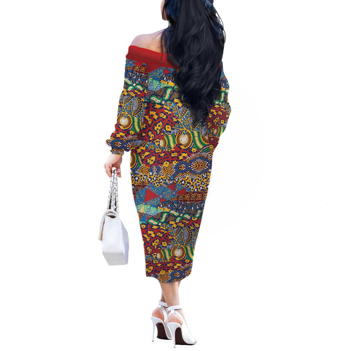 Traditional African Animal Skins Pattern Off The Shoulder Long Sleeve Dress - Wonder Print Shop