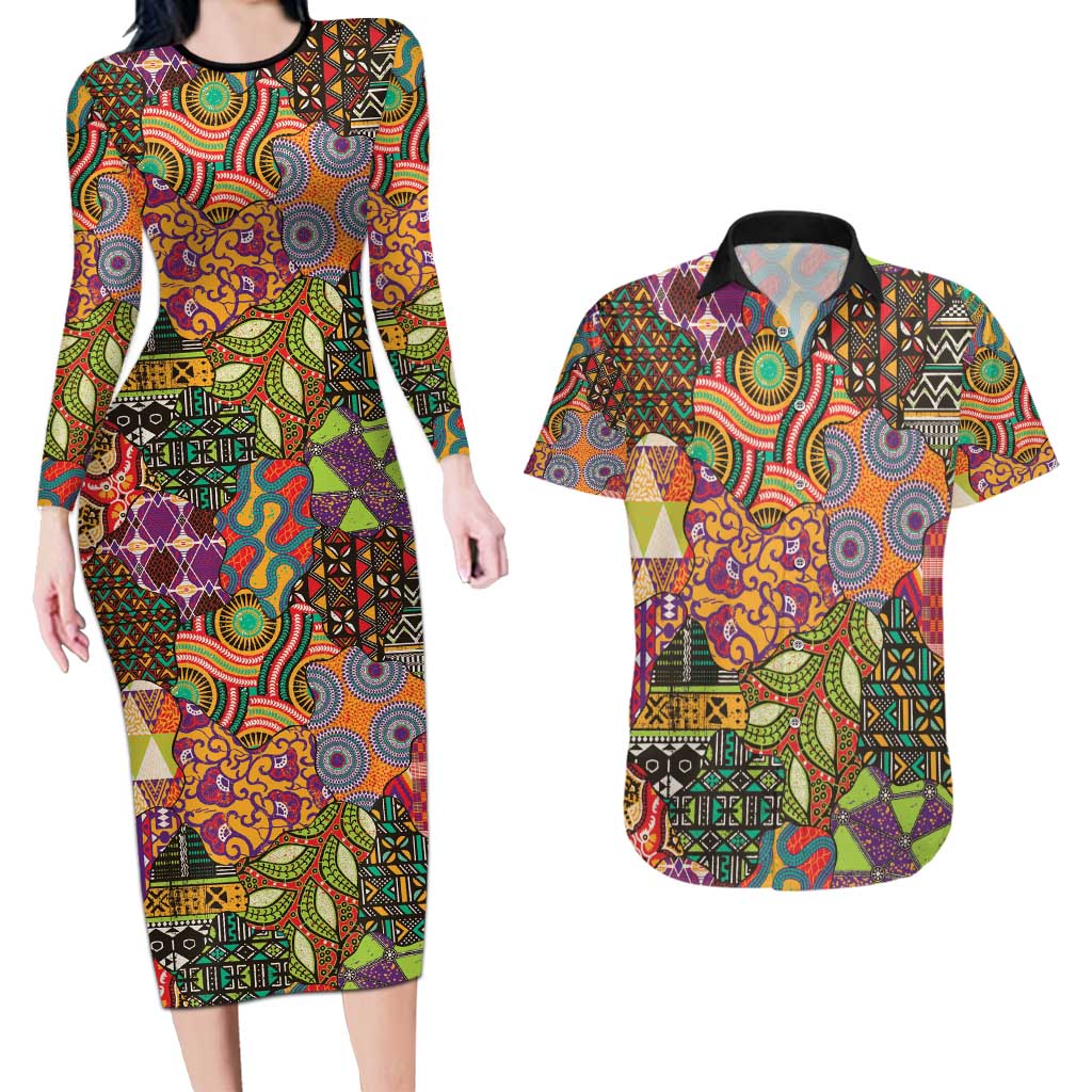 Traditional Ethnic African Vintage Motifs Couples Matching Long Sleeve Bodycon Dress and Hawaiian Shirt LT9 - Wonder Print Shop