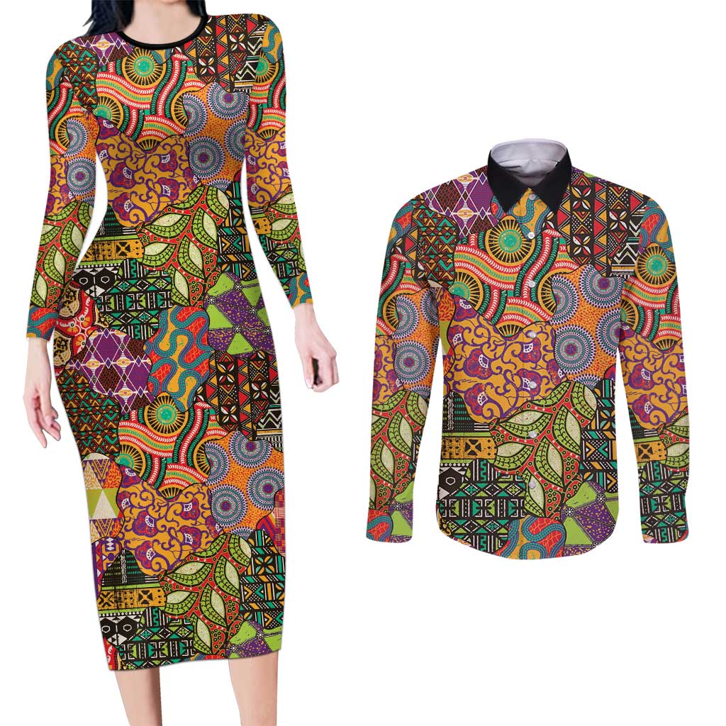 Traditional Ethnic African Vintage Motifs Couples Matching Long Sleeve Bodycon Dress and Long Sleeve Button Shirt LT9 - Wonder Print Shop
