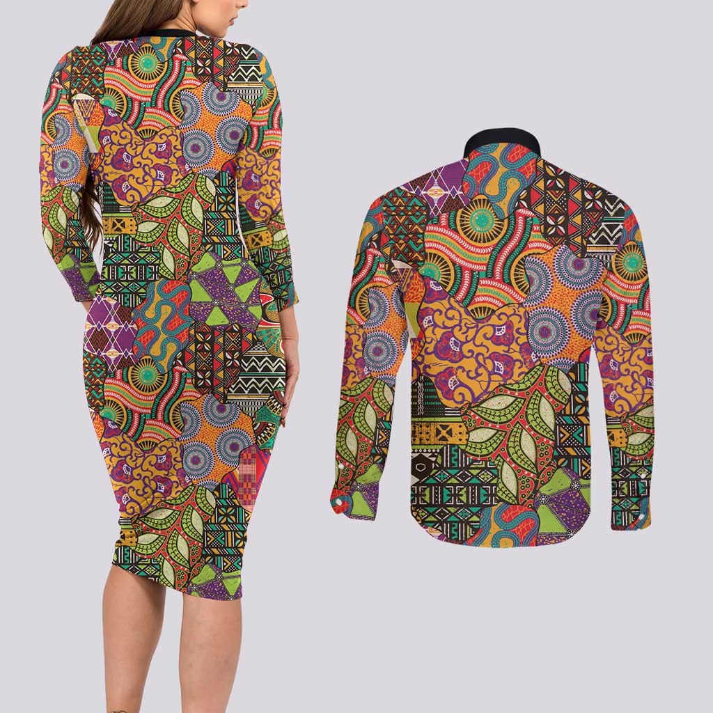 Traditional Ethnic African Vintage Motifs Couples Matching Long Sleeve Bodycon Dress and Long Sleeve Button Shirt LT9 - Wonder Print Shop