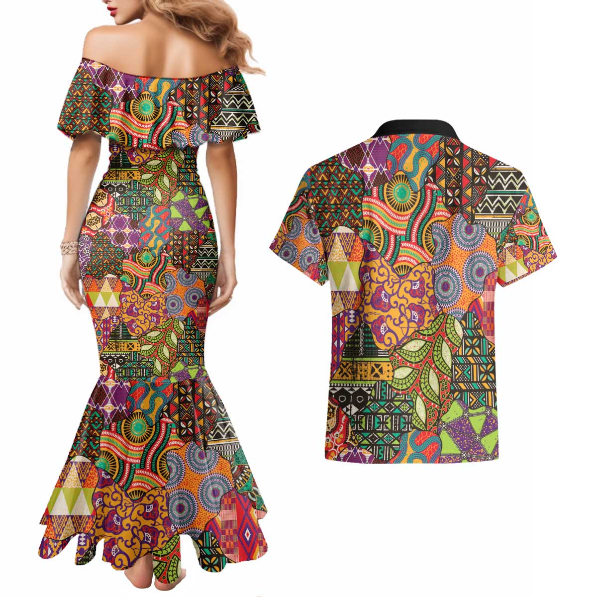 Traditional Ethnic African Vintage Motifs Couples Matching Mermaid Dress and Hawaiian Shirt LT9 - Wonder Print Shop