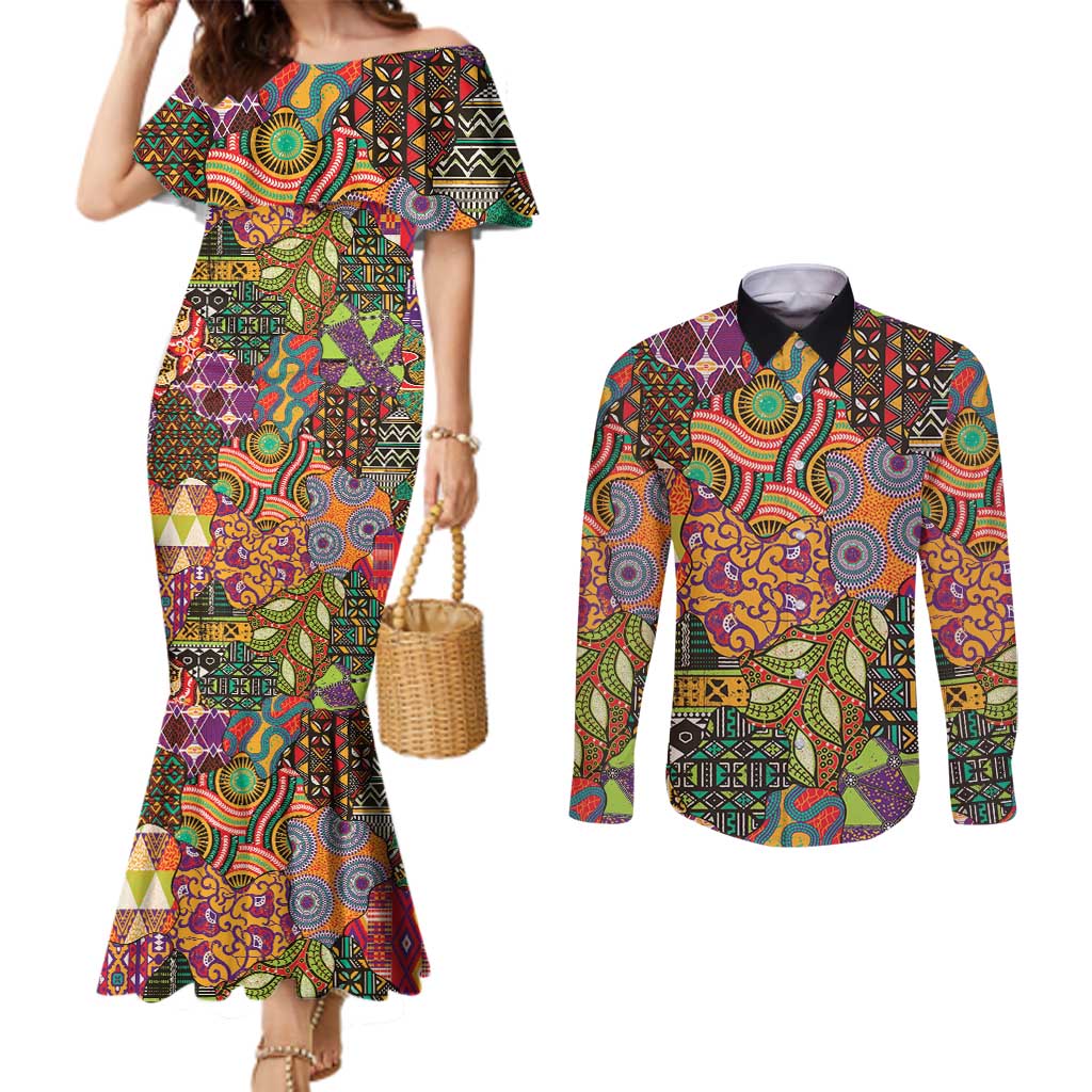 Traditional Ethnic African Vintage Motifs Couples Matching Mermaid Dress and Long Sleeve Button Shirt