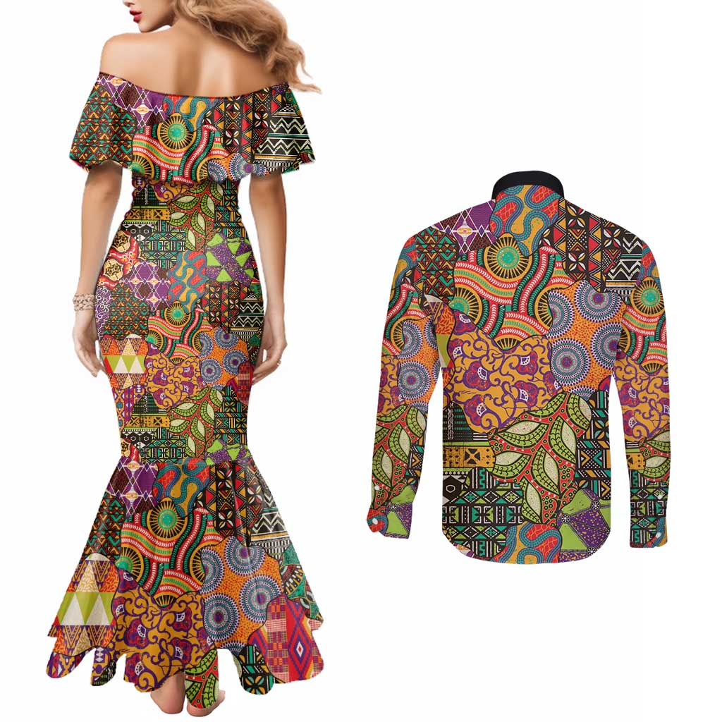 Traditional Ethnic African Vintage Motifs Couples Matching Mermaid Dress and Long Sleeve Button Shirt