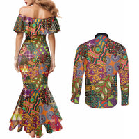 Traditional Ethnic African Vintage Motifs Couples Matching Mermaid Dress and Long Sleeve Button Shirt