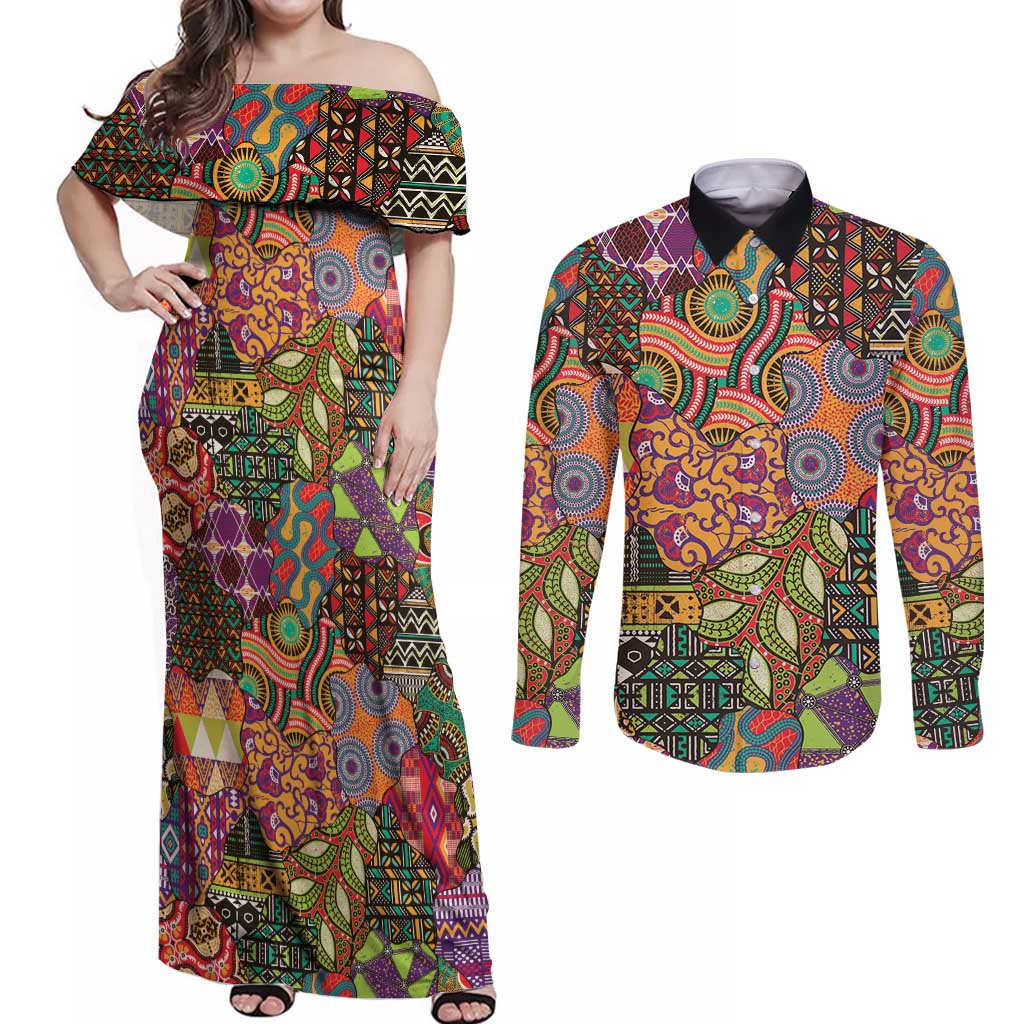 Traditional Ethnic African Vintage Motifs Couples Matching Off Shoulder Maxi Dress and Long Sleeve Button Shirt LT9 - Wonder Print Shop