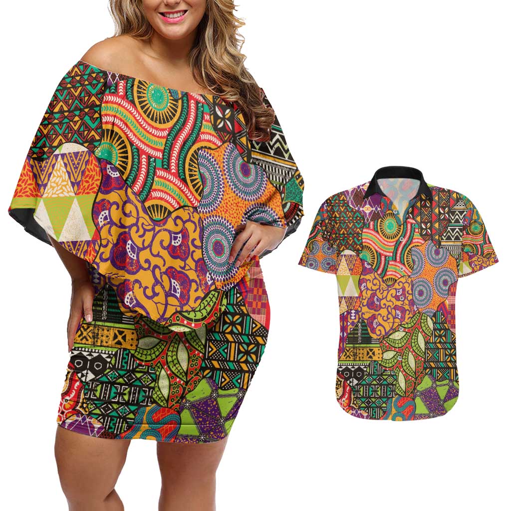 Traditional Ethnic African Vintage Motifs Couples Matching Off Shoulder Short Dress and Hawaiian Shirt LT9 - Wonder Print Shop