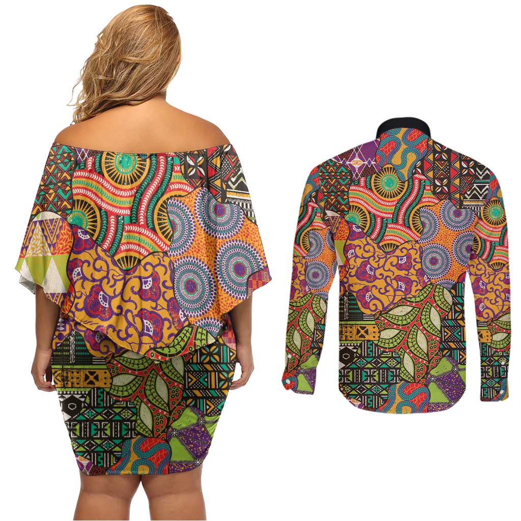 Traditional Ethnic African Vintage Motifs Couples Matching Off Shoulder Short Dress and Long Sleeve Button Shirt LT9 - Wonder Print Shop