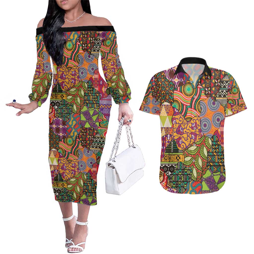 Traditional Ethnic African Vintage Motifs Couples Matching Off The Shoulder Long Sleeve Dress and Hawaiian Shirt LT9 - Wonder Print Shop