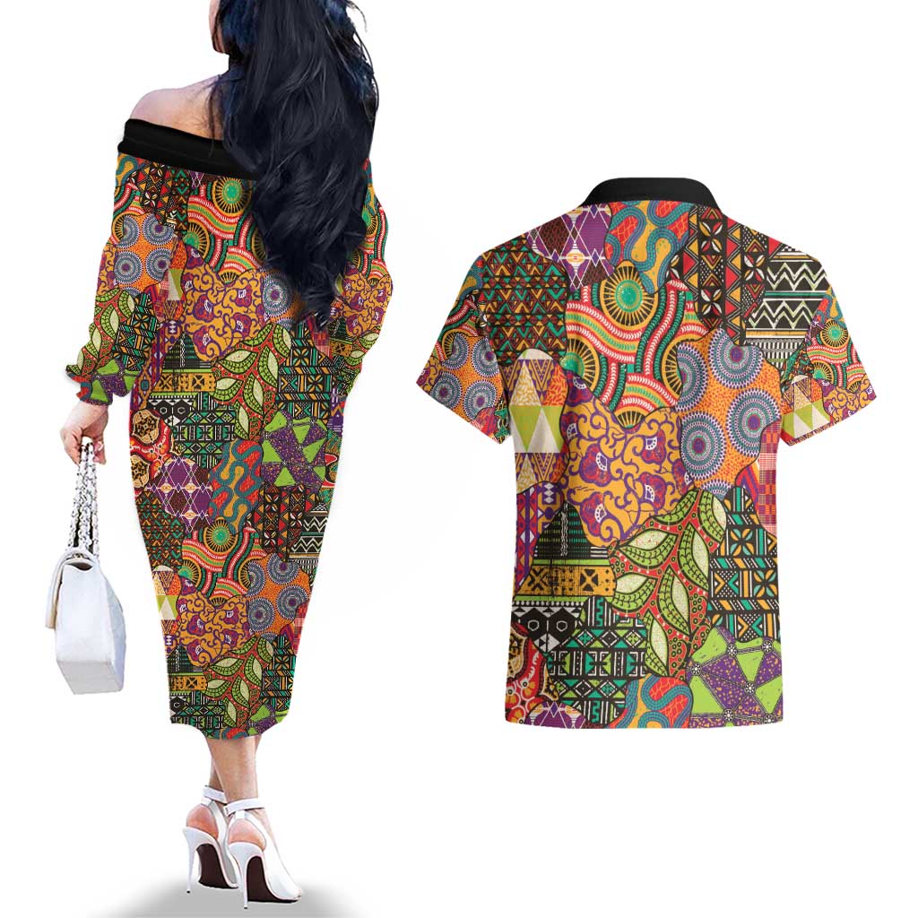 Traditional Ethnic African Vintage Motifs Couples Matching Off The Shoulder Long Sleeve Dress and Hawaiian Shirt LT9 - Wonder Print Shop