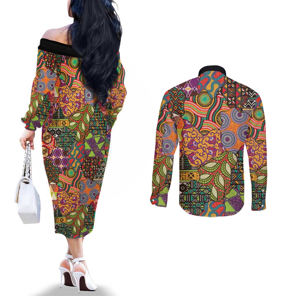 Traditional Ethnic African Vintage Motifs Couples Matching Off The Shoulder Long Sleeve Dress and Long Sleeve Button Shirt